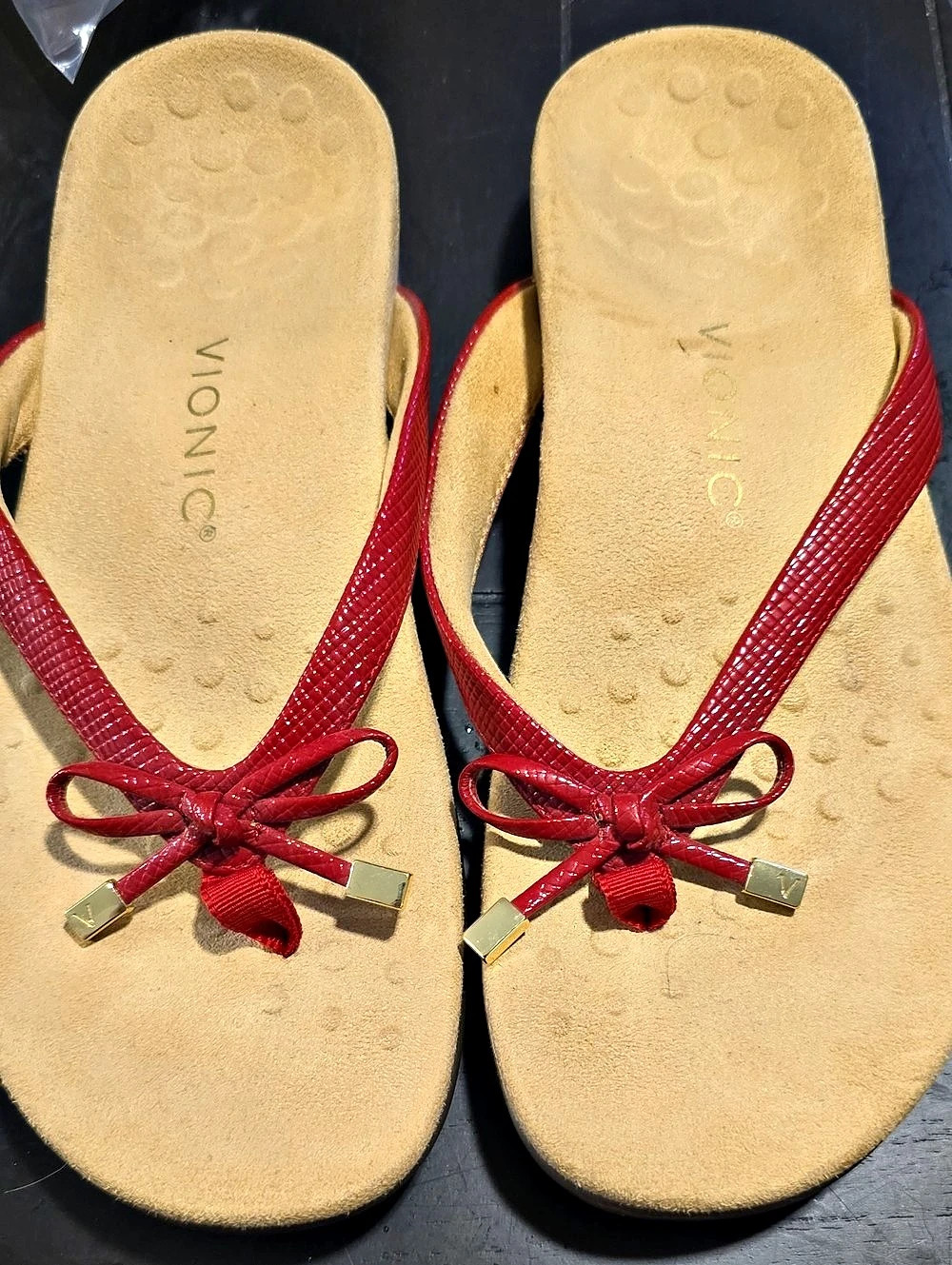 NWOT Vionic Bella Thong Sandal Red & Tan Bow Sandals